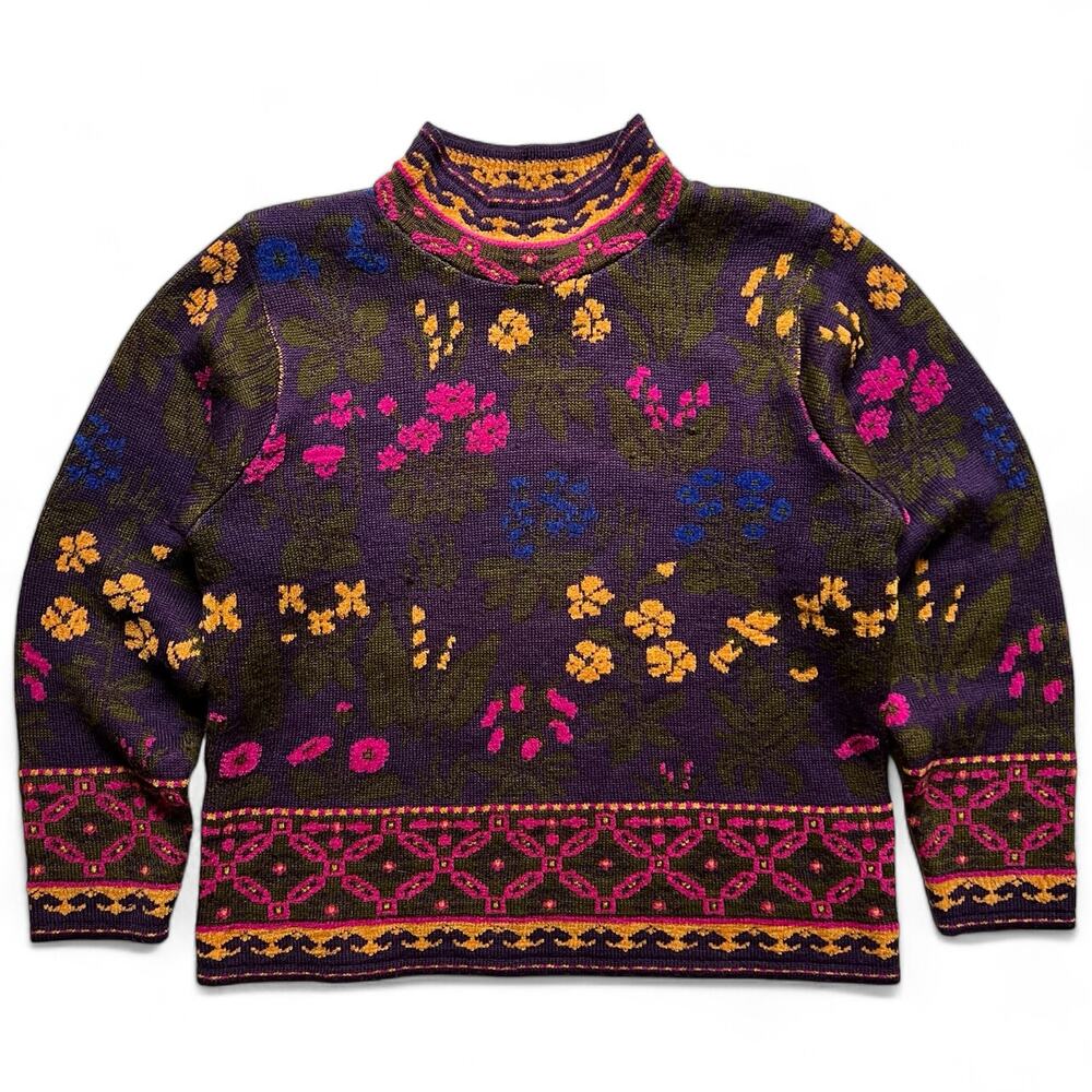Vintage 80s Floral Pattern Mock Neck Purple Yellow Green Knit Sweater Geometric